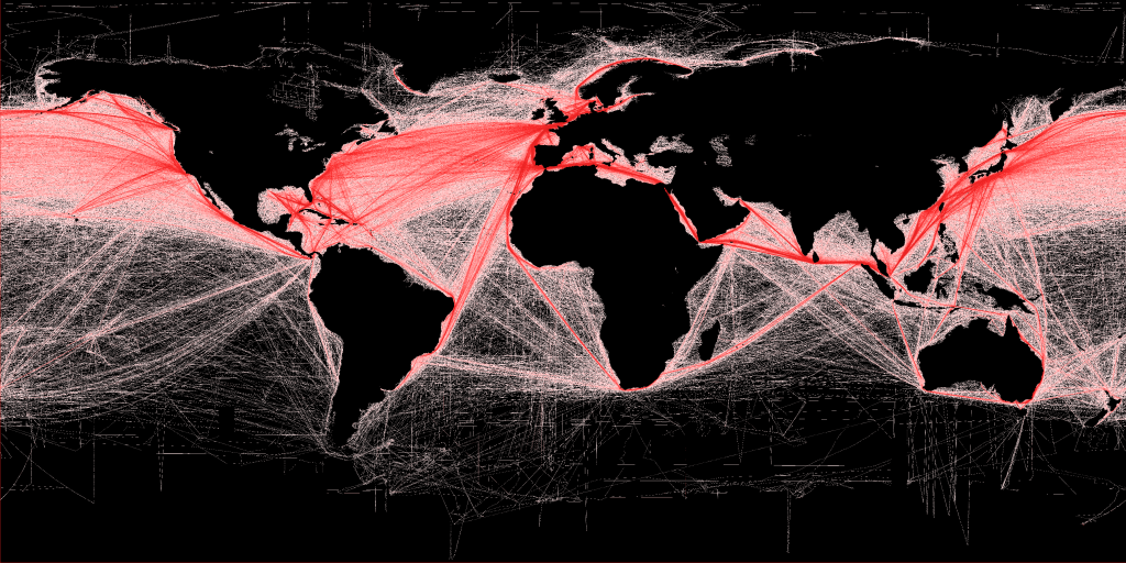Red and black map of global shipping routes